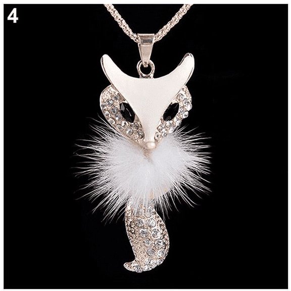 Yesbay Women's Rhinestone Feather Fox Pendant Long Sweater Necklace Jewelry-White