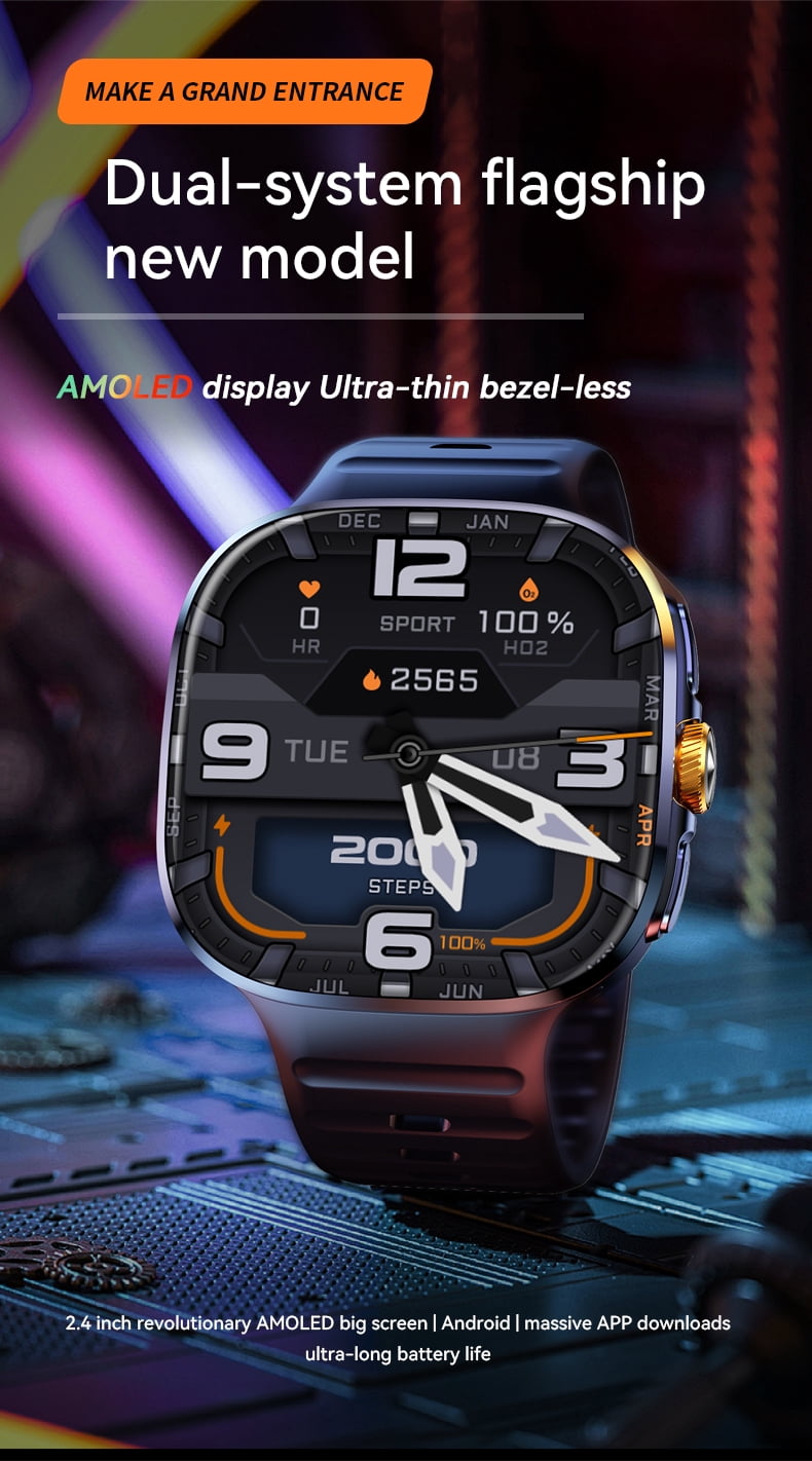 Smart Watch 4G LTE Android 10, 2.4" AMOLED HD Display, Quad-Core Processor, 8GB+128GB Storage, Long Battery Life, Business & Fitness Wearable Device