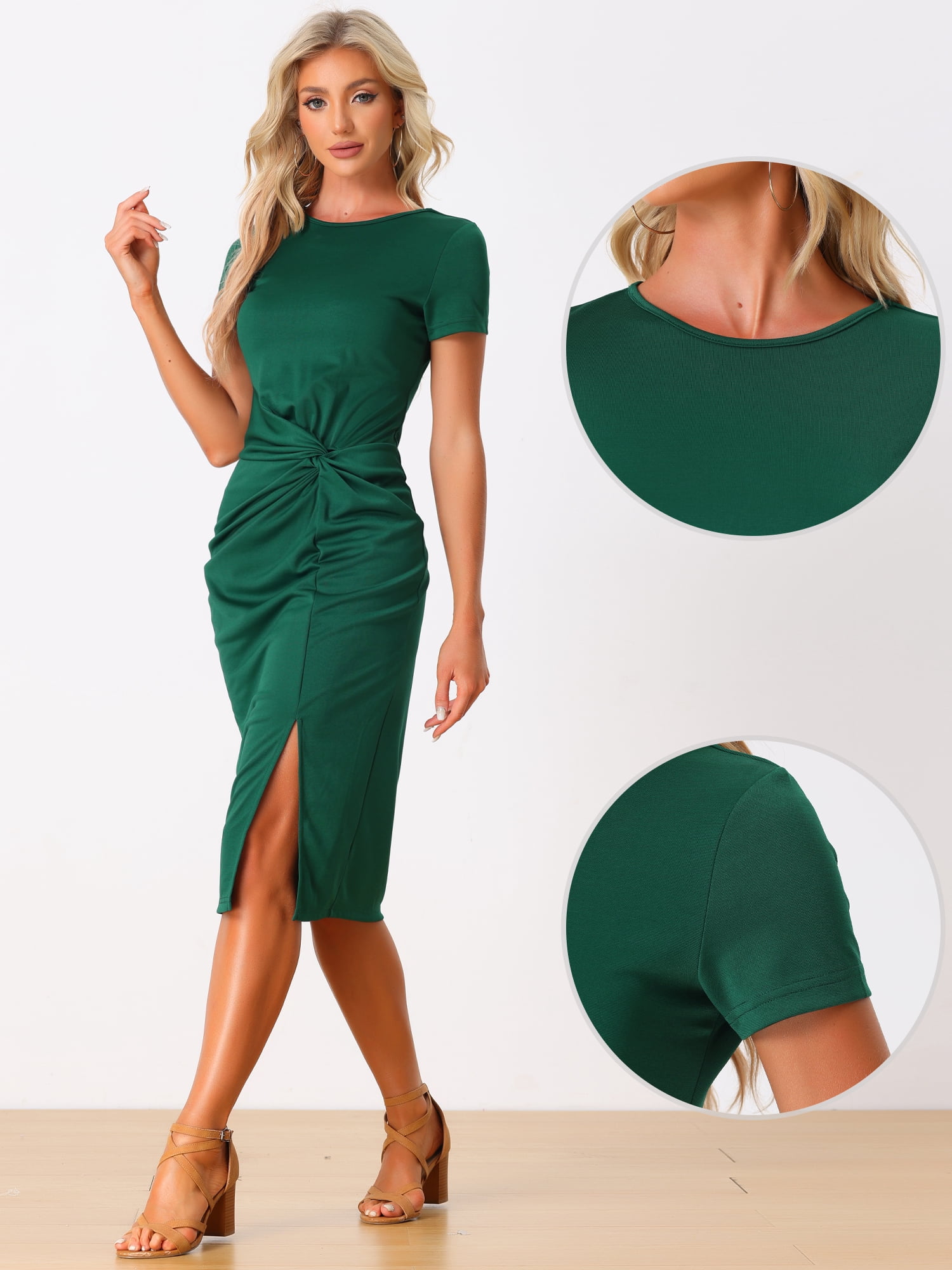 Unique Bargains Twist Front Dress for Women's Round Neck Short Sleeve Split Sheath Dresses M Green