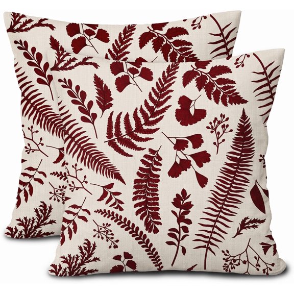 Burgundy Leaf Plant Pillow Covers 18X18 Inch Set of 2 Tropical Fern Herbs Botanical Leaves Floral Decorative Pillow Cases Vintage Cushion Case Farmhouse Home Decor for Couch Sofa Porch Outdoor