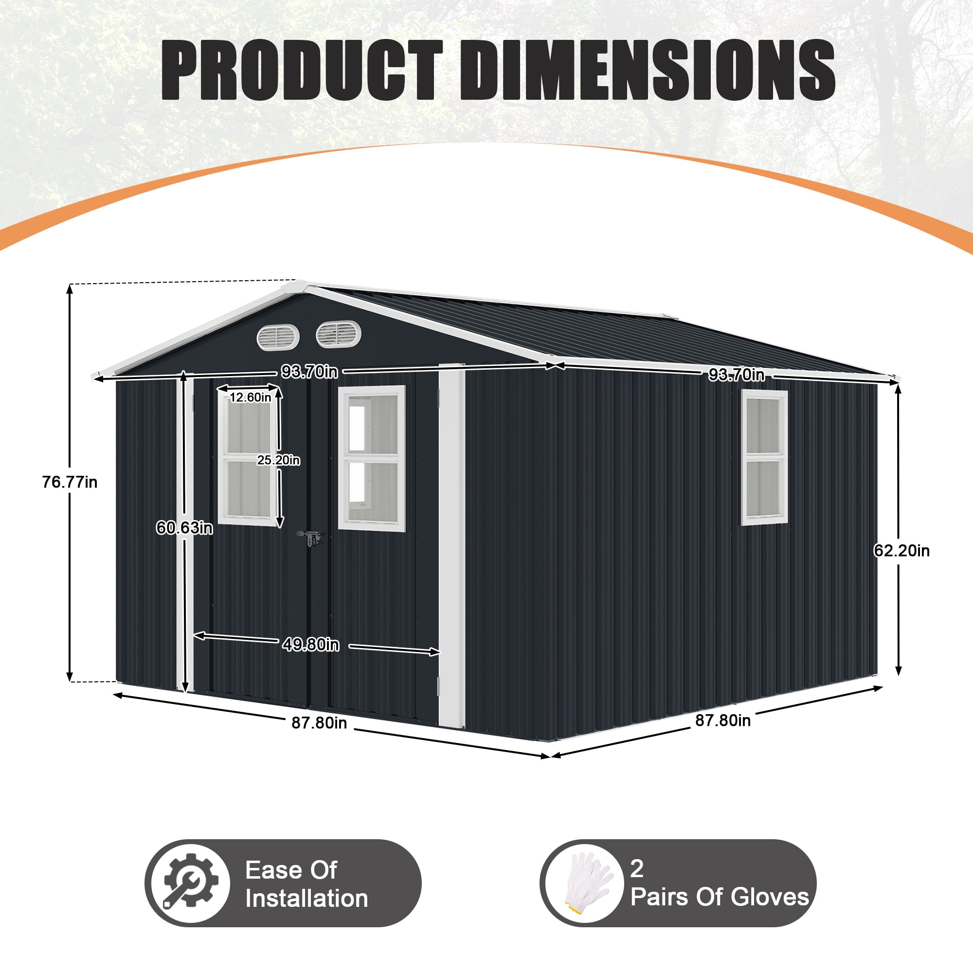 Olurrisa 8x8 FT Outdoor Storage Shed with 4 Windows & Lockable Door, Dark Gray Metal Garden Shed, Waterproof Tool Shed for Backyard, Patio & Lawn Equipment