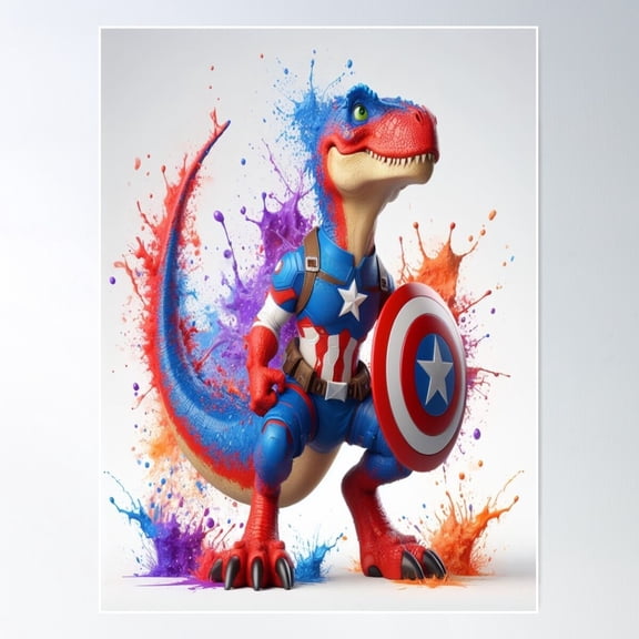 Captain Dino Dinosaur Superhero Poster Wall Art, Modern Wall Decor For Living Room Bedroom, 8x12 UNFRAMED