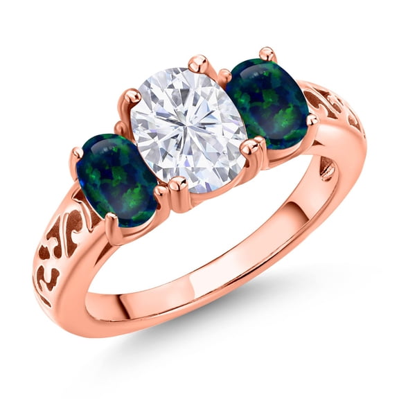 Gem Stone King 18K Rose Gold Plated Silver White Moissanite and Green Opal Filigree Style 3 Stone Ring for Women (2.50 Cttw, Oval 8X6MM and 6X4MM) (Size 7)