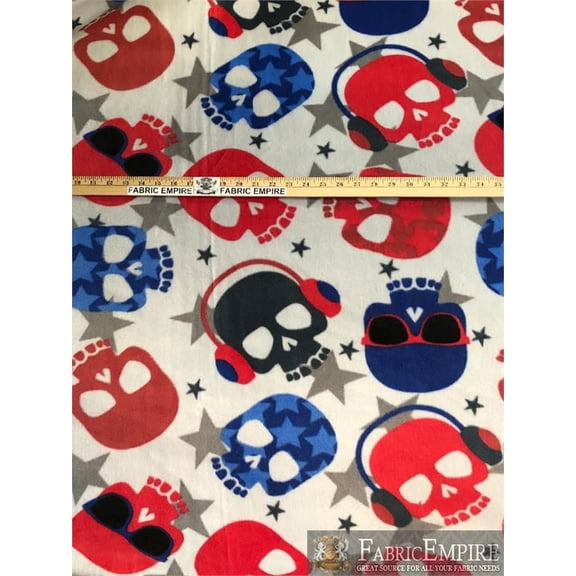 Fleece Fabric Printed ANTI PILL COOL STAR DJ SKULLS BLUE RED