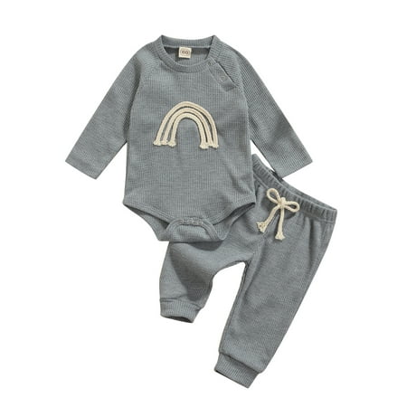 

Canrulo Newborn Infant Baby Ribbed Pajamas Set Long Sleeve Ranibown Romper Pants Autumn Outfits Clothes Light Gray 3-6 Months