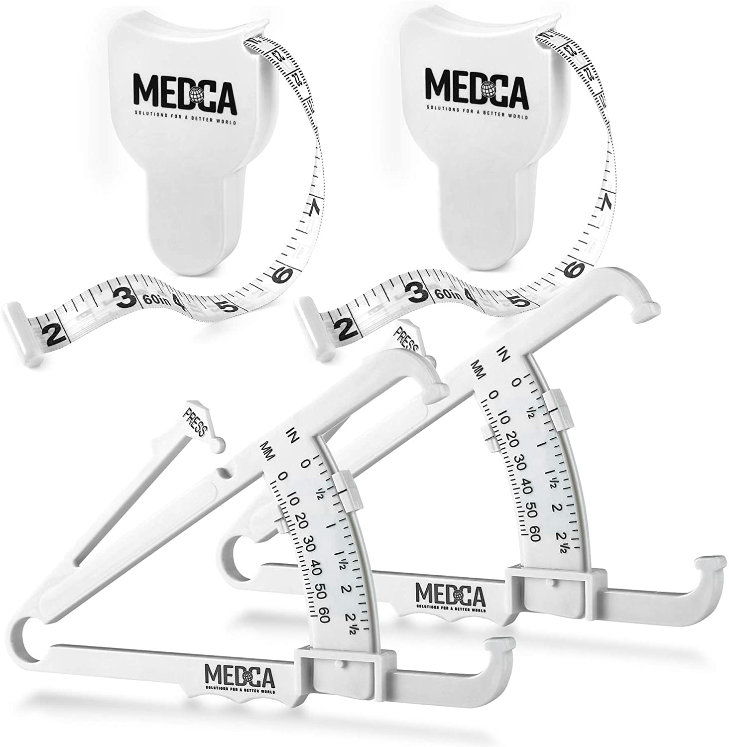 4 Pack MEDca Body Fat Calliper and Measuring Tape for Body Skinfold Callipers 