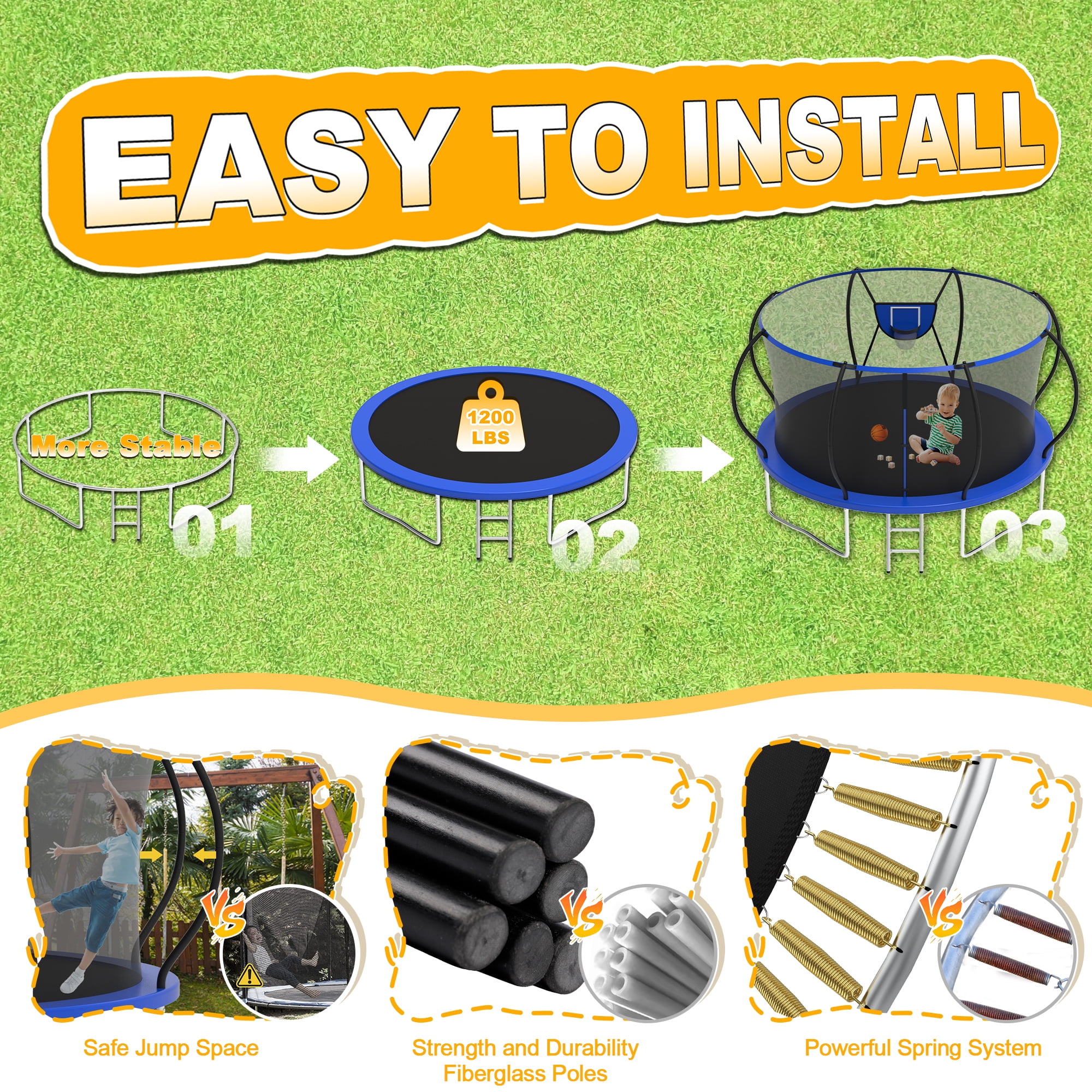 XMIKA Trampoline for Kids and Adults, 8 FT 10FT 12FT 16FT 14FT Trampolines Outdoor with Enclosure Net, Basketball Hoop, Ladder, Light, Sprinkler, Backyard Recreational Trampoline, Curved Design