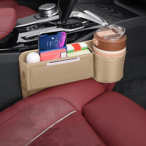 Universal Car Seat Gap Organizer - Leather Storage Box with Phone Holder, Charging Hole & Multi-Functional Compartments for Phones, Wallets, Cups - Fits Between Seat & Console