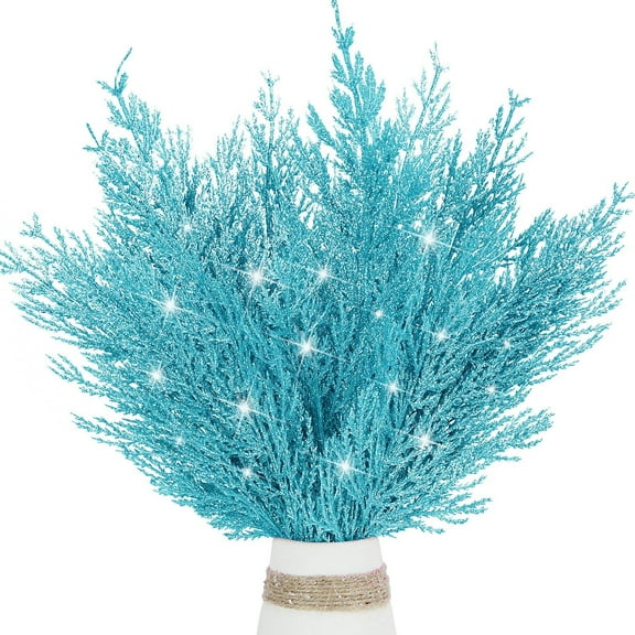 16 Pieces Artificial Glitter Pine Tree Twig Ornaments, Christmas Artificial Pine Branches Faux Cedar Picks Decorative Sticks Glittery Stems for Vase Fillers Holiday Winter Wedding Decor (Silver)