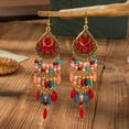 thumbnail image 3 of Boho Long Teardrop Beaded Tassel Dangle Earrings for Women Gold-Toned Bohemian Crystal Beads Fringe Dangling Drop Statement Earrings Enamel Flower Link Piercing Fish Hook Native Tribal Ethnic Jewelry, 3 of 6