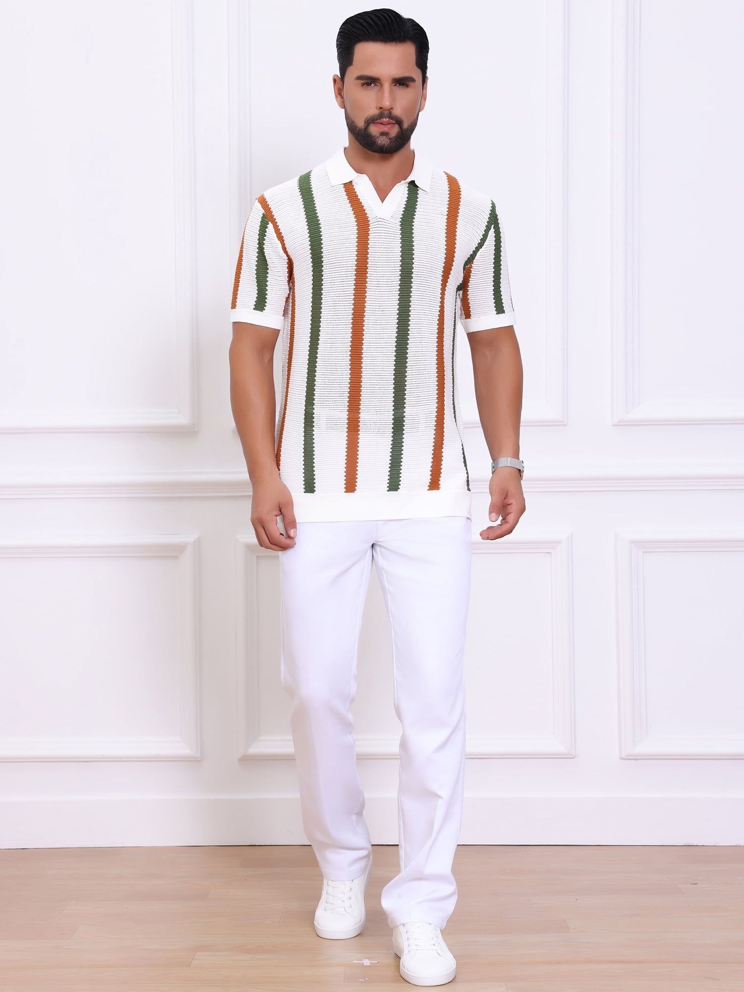 DARING DIVA Men's Hollow Knit Polo Shirt V Neck Short Sleeve Golf Polo Shirts 2XL White