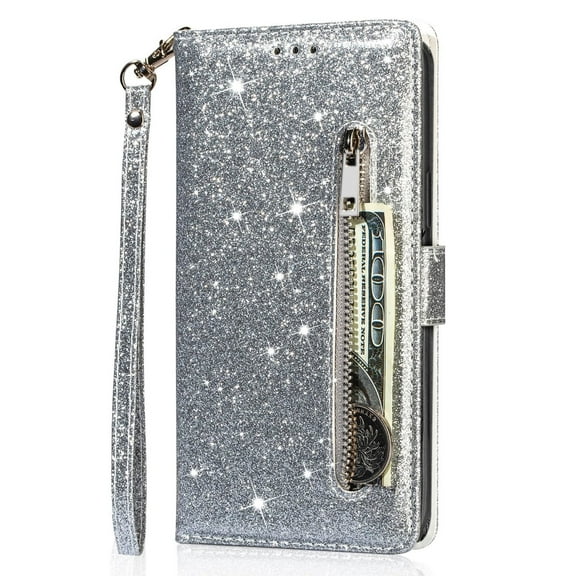 Flip Case for iPhone 15/15 Plus/15 Pro/15 Pro Max, Sparkle Leather Wallet Case with Zipper, Card Slot and Kickstand, Wrist Strap Purse Cover