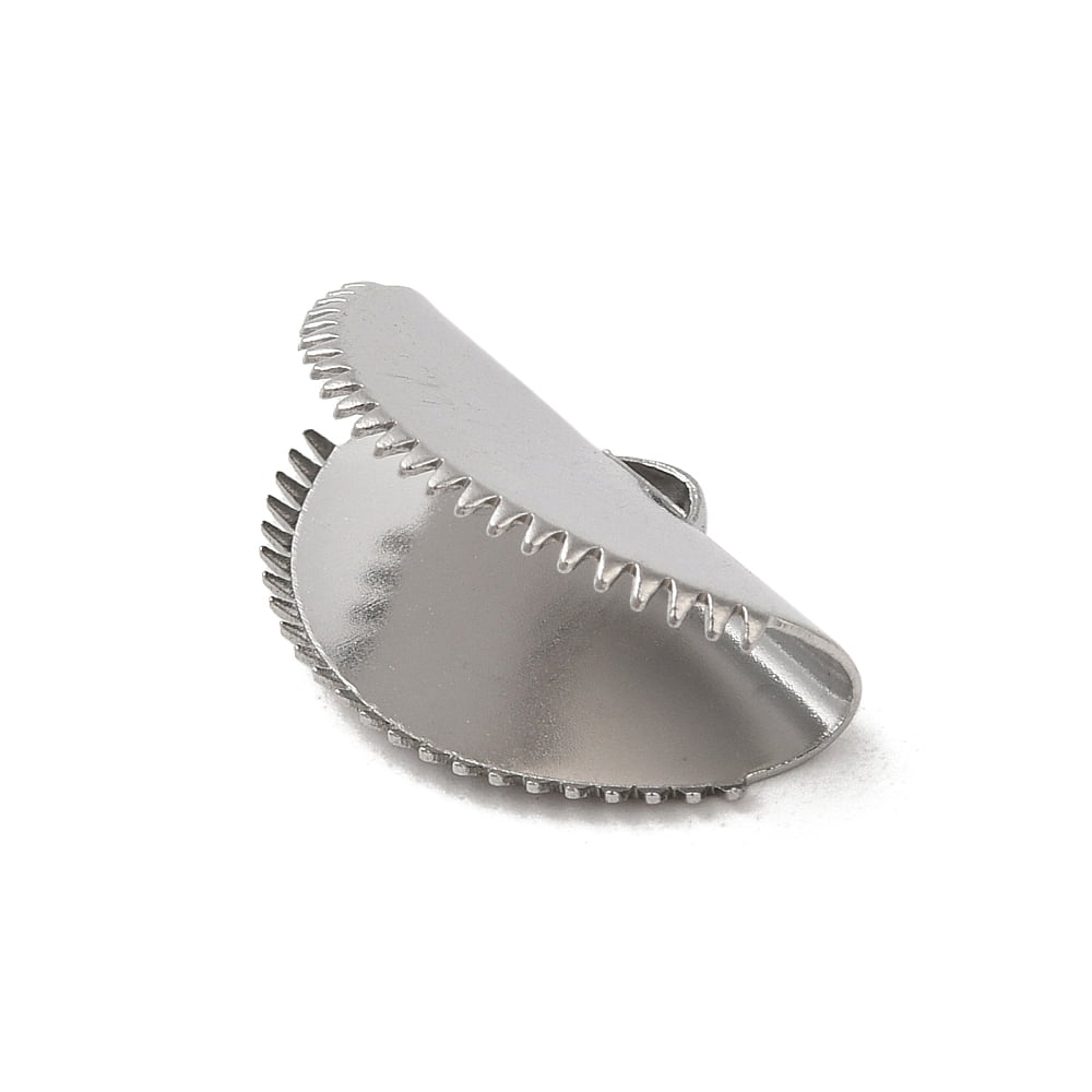 300 pc Non-Tarnish 304 Stainless Steel Ribbon Crimp Ends Half Round Stainless Steel color 12x20x9mm Hole: 1.2x2.3mm