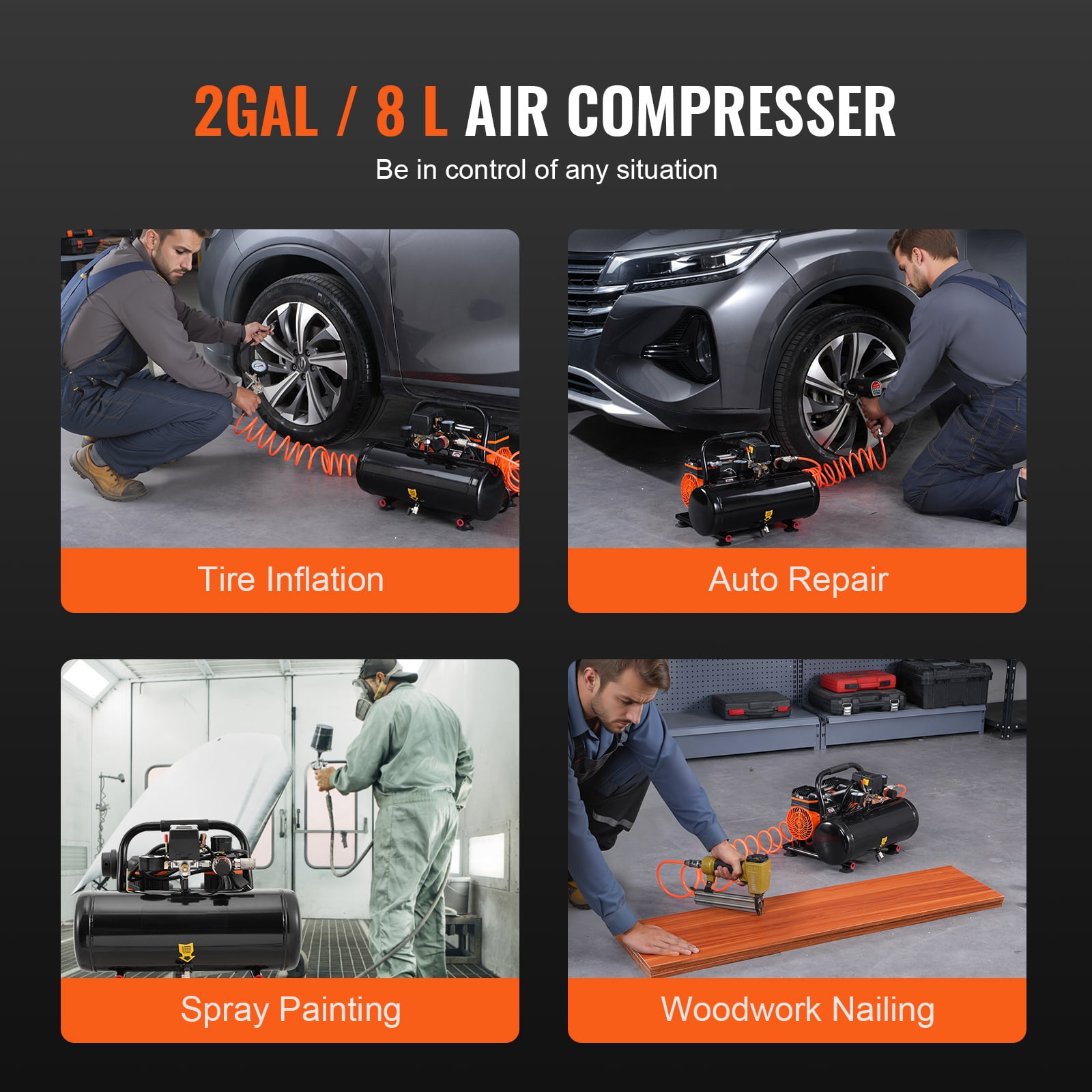 KFFKFF Air Compressor with 2 Gallon Steel Tank, 1HP & 2.1 CFM at 8bar, Oil-Free Operation & Maximum 120PSI, 81dB for Quiet Performance, Ideal for Auto Maintenance, Tire Filling