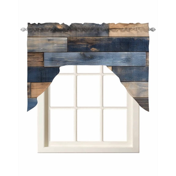 Navy Blue Brown Wood Kitchen Swag Valances for Windows, Farmhouse Vintage Wooden Swag Valances Curtains for Living Room, Rod Pocket Window Treatments for Bathroom, Bedroom, Cafe, 56"x36"