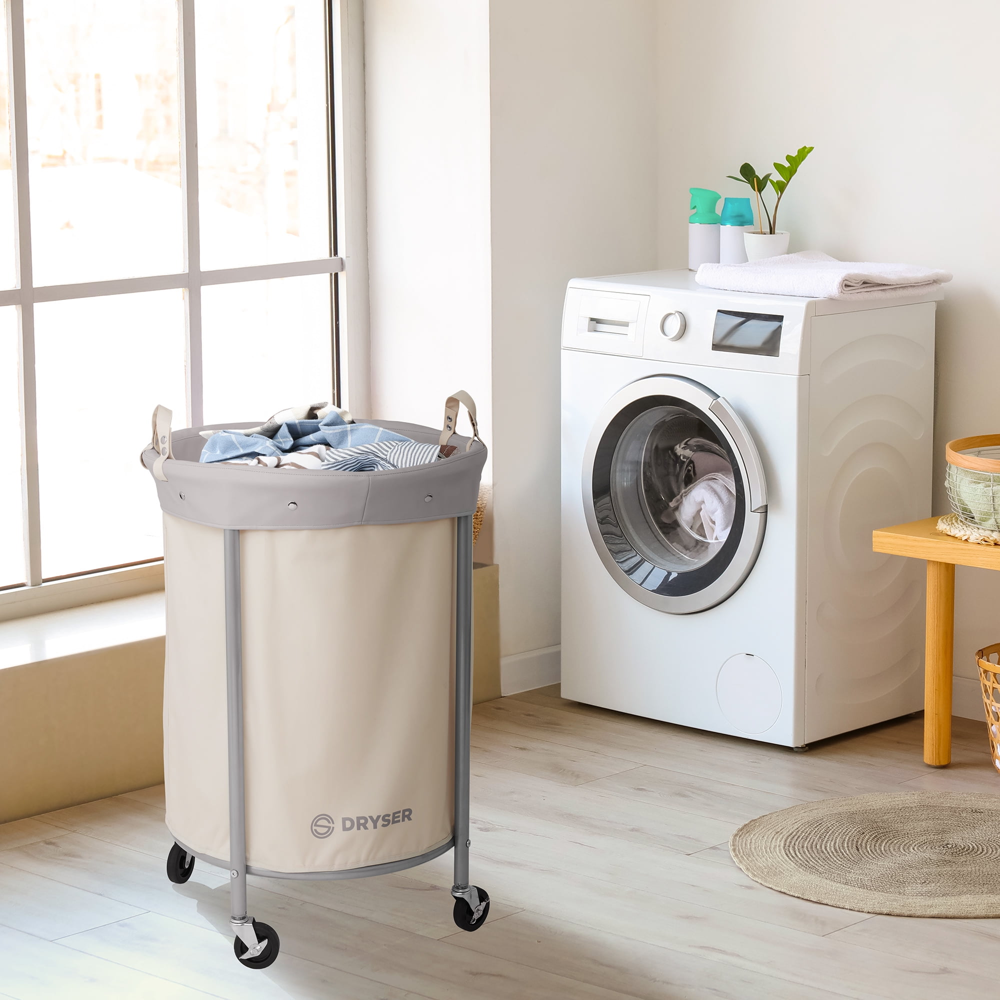 Round Commercial Heavy-Duty Rolling Laundry Hamper on Wheels with Removable Canvas Bin, White