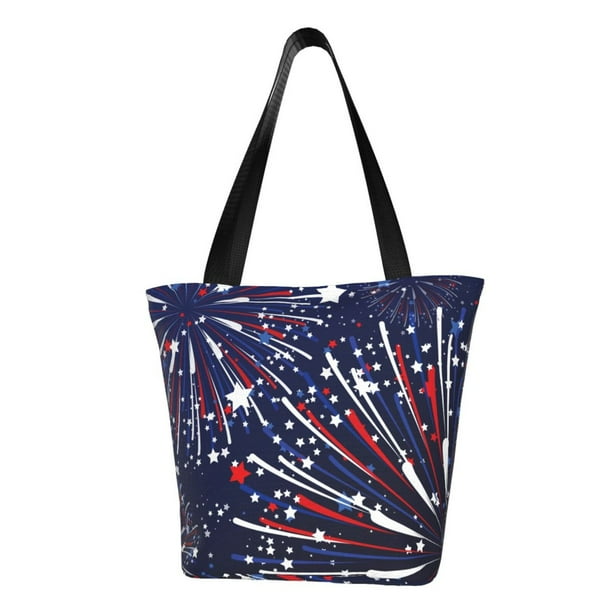Fotbe Red White Blue Fireworks 1 Bolsa de Playa con Estampado, Bolsa de Hombro, Bolsa de Mano Espaciosa, Bolsa de Viaje Ligera, Bolsa de Compras Versátil