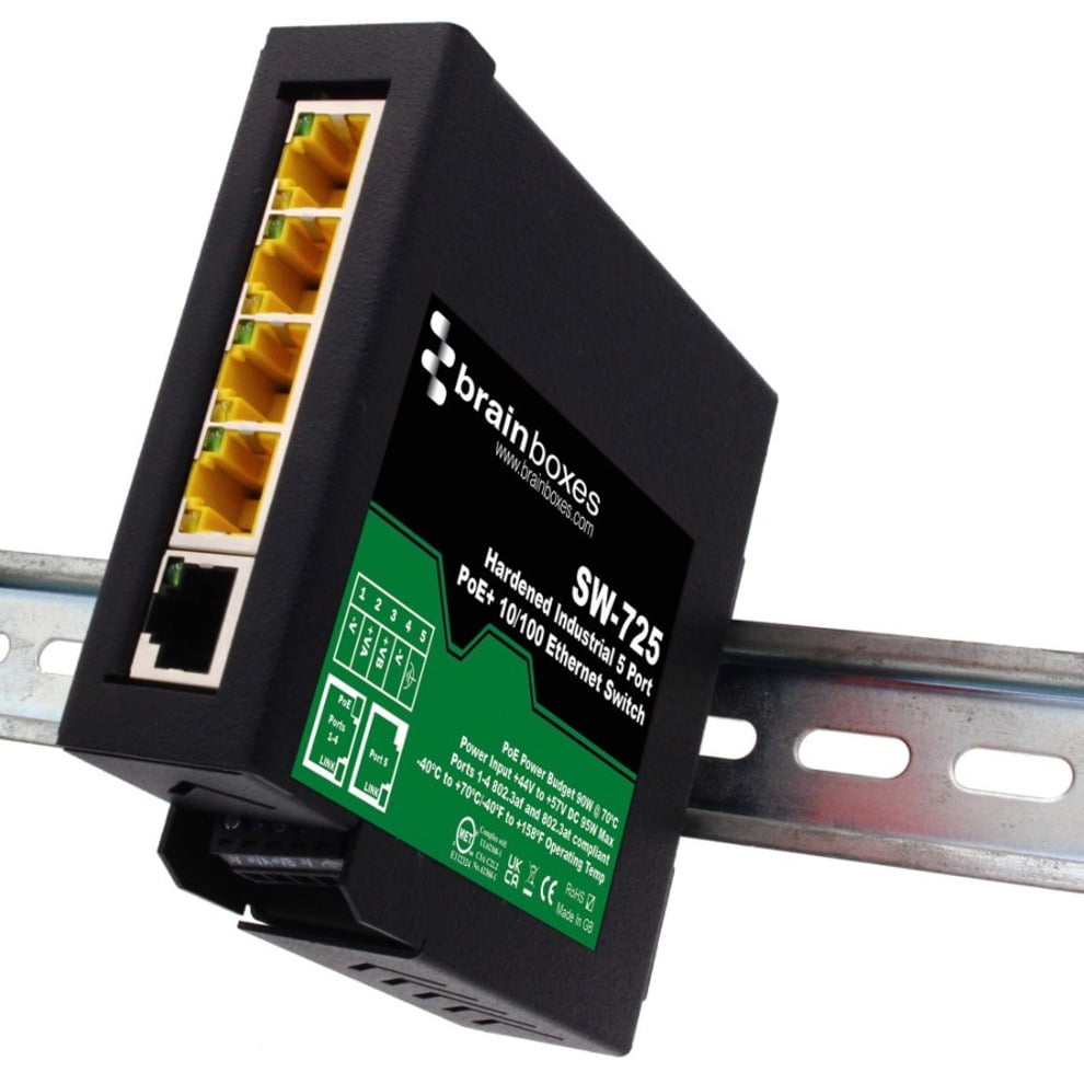 Brainboxes Hardened Industrial 5 Port PoE+ 10/100 Ethernet Switch SW725