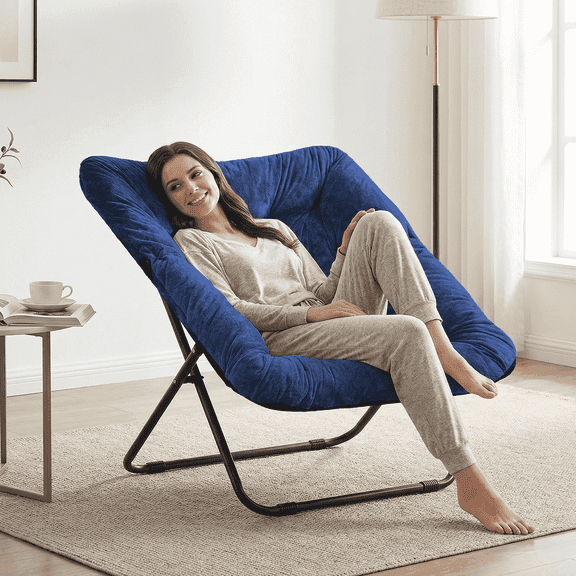TANGJEAMER Folding Chair, Saucer Chair with Metal Frame, Comfy Moon Chairs for Bedroom, Living Rooms, Apartments, Garden and Courtyard (Blue)