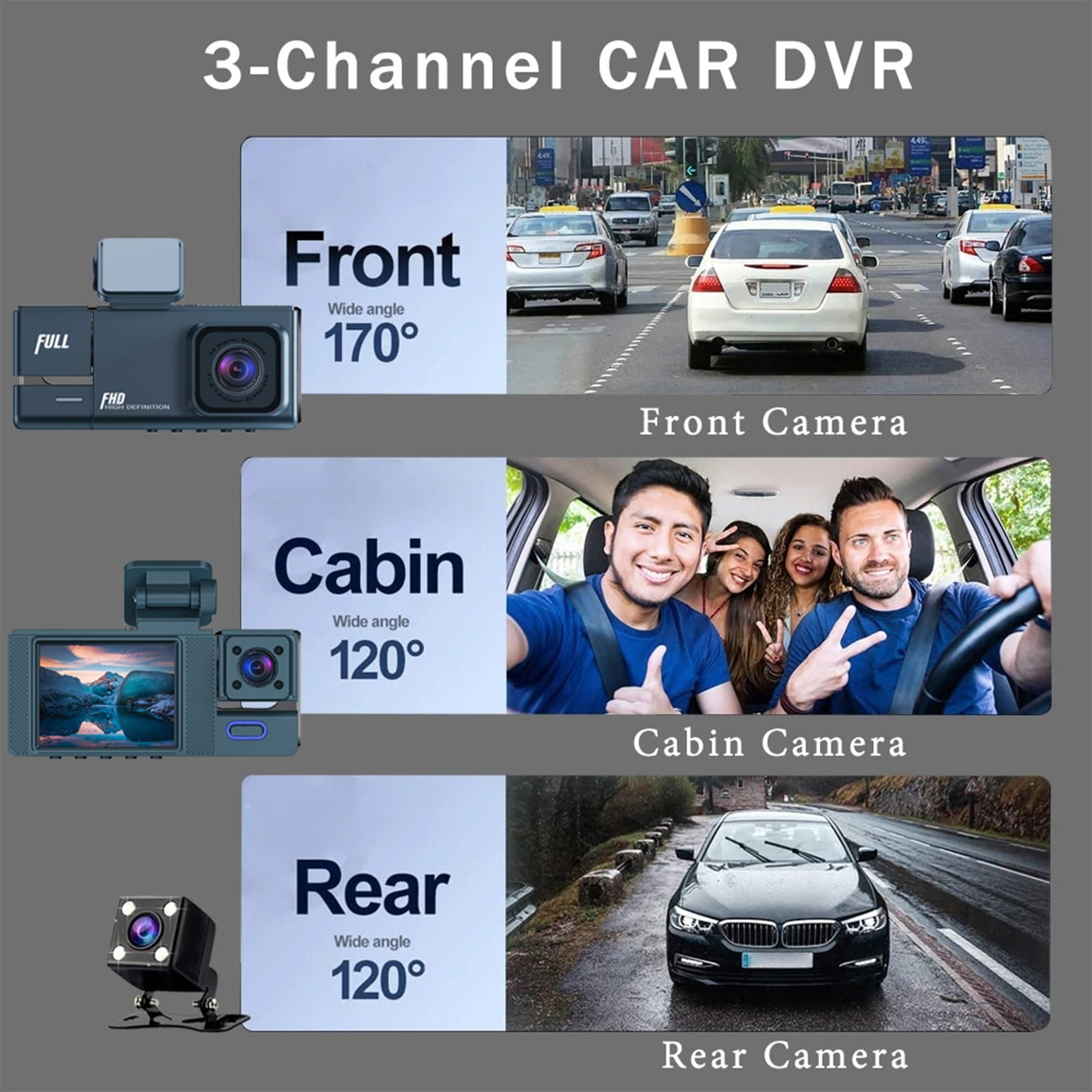 karymi Three Lens Car 2 Inch Display HD 1080P Car Recorder with The Same Display eith Reverse Image Car DVR Dash Cam Dash Camera for Cars Clearance Flash Deals
