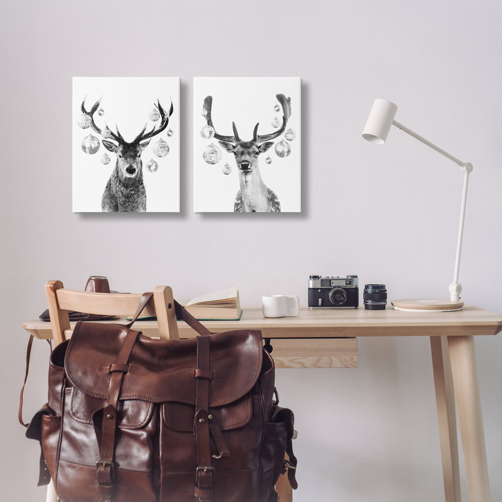 Stupell Industries Black and White Disco Deer Holiday Painting Wrapped Canvas Art Print Wall Art, 16 x 20, Set of 2