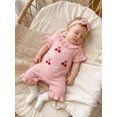 thumbnail image 5 of Cjfdfy Newborn Baby Girl Summer Fall Clothes Infant Baby Girl Outfits 0 3 6 12 18 Months Pink Waffled Knit Romper Cute Cherry Flower Embroidery Ruffled Collar Short Sleeve Jumpsuit and Headband Set, 5 of 9