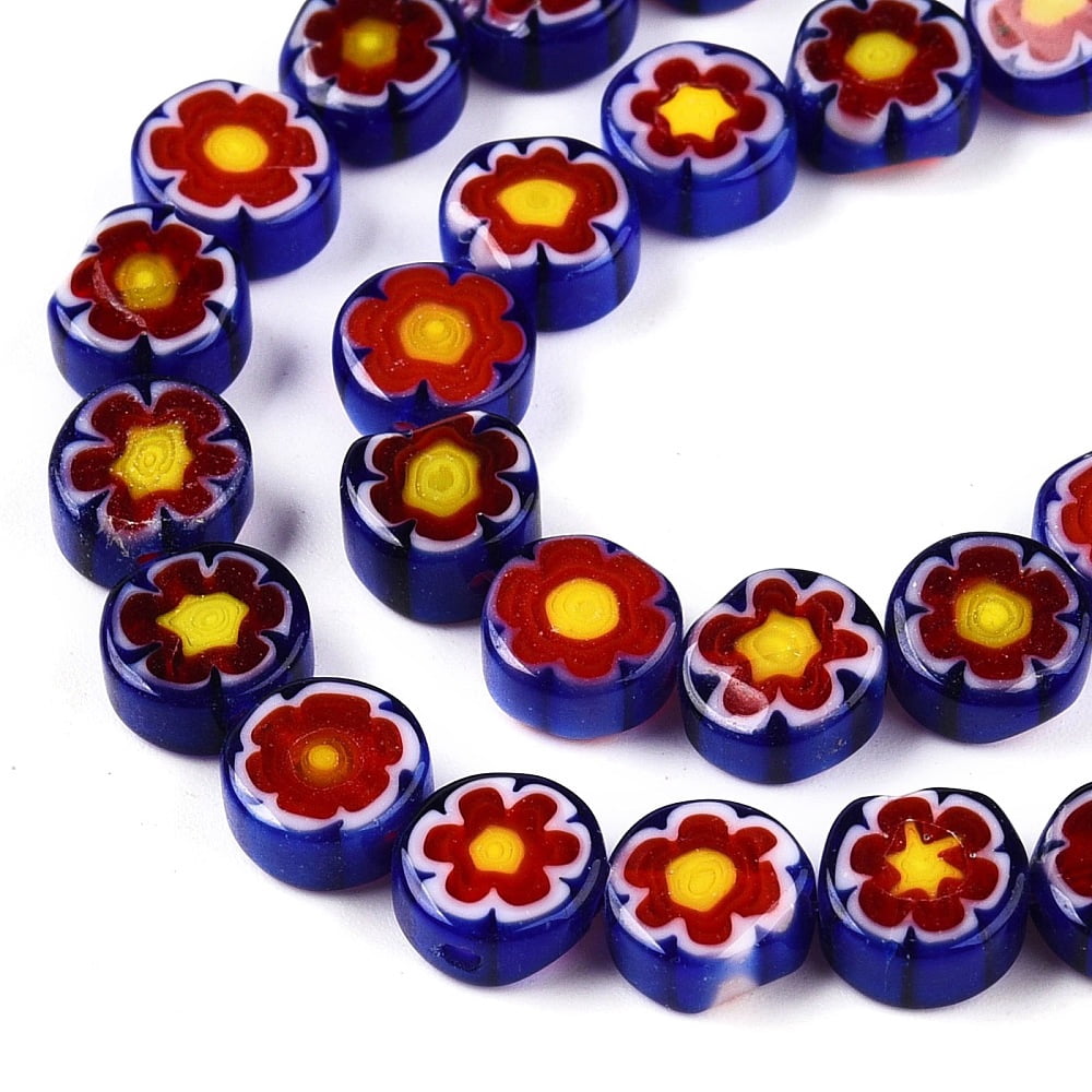 Handmade Millefiori Glass Beads Strands Flat Round Red 7.5x3.5mm Hole: 0.9mm about 52~53pcs/strand 15.83~16.10 inch(40.2~40.9cm)