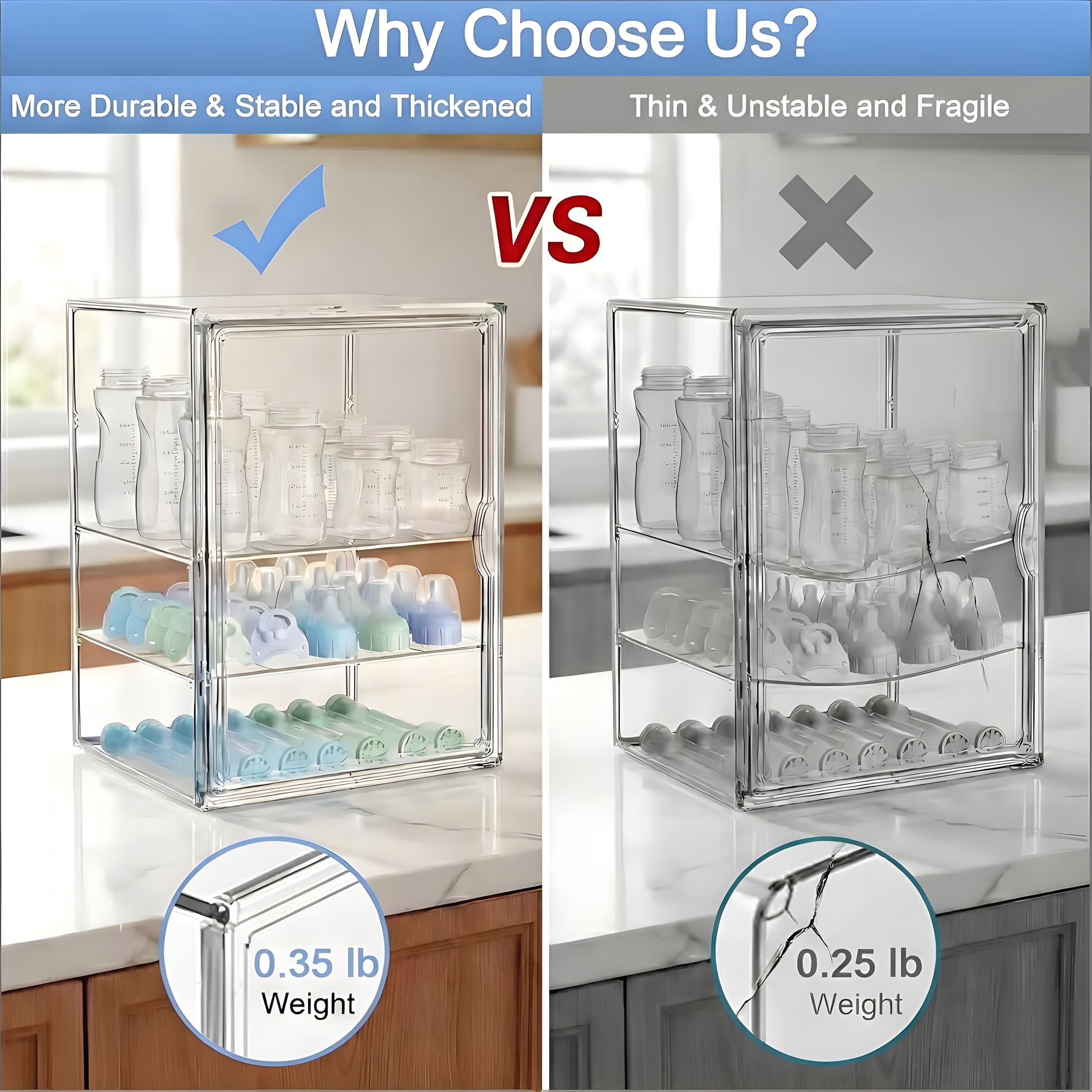 XIBUFE Baby Bottle Storage Organizer for Countertop,Large Clear Bottle Organizer,Baby Bottle Storage Organizer for Bottles,Nipples,Pump Parts&Food Jars,Nursery Cabinet,Kitchen Pantry