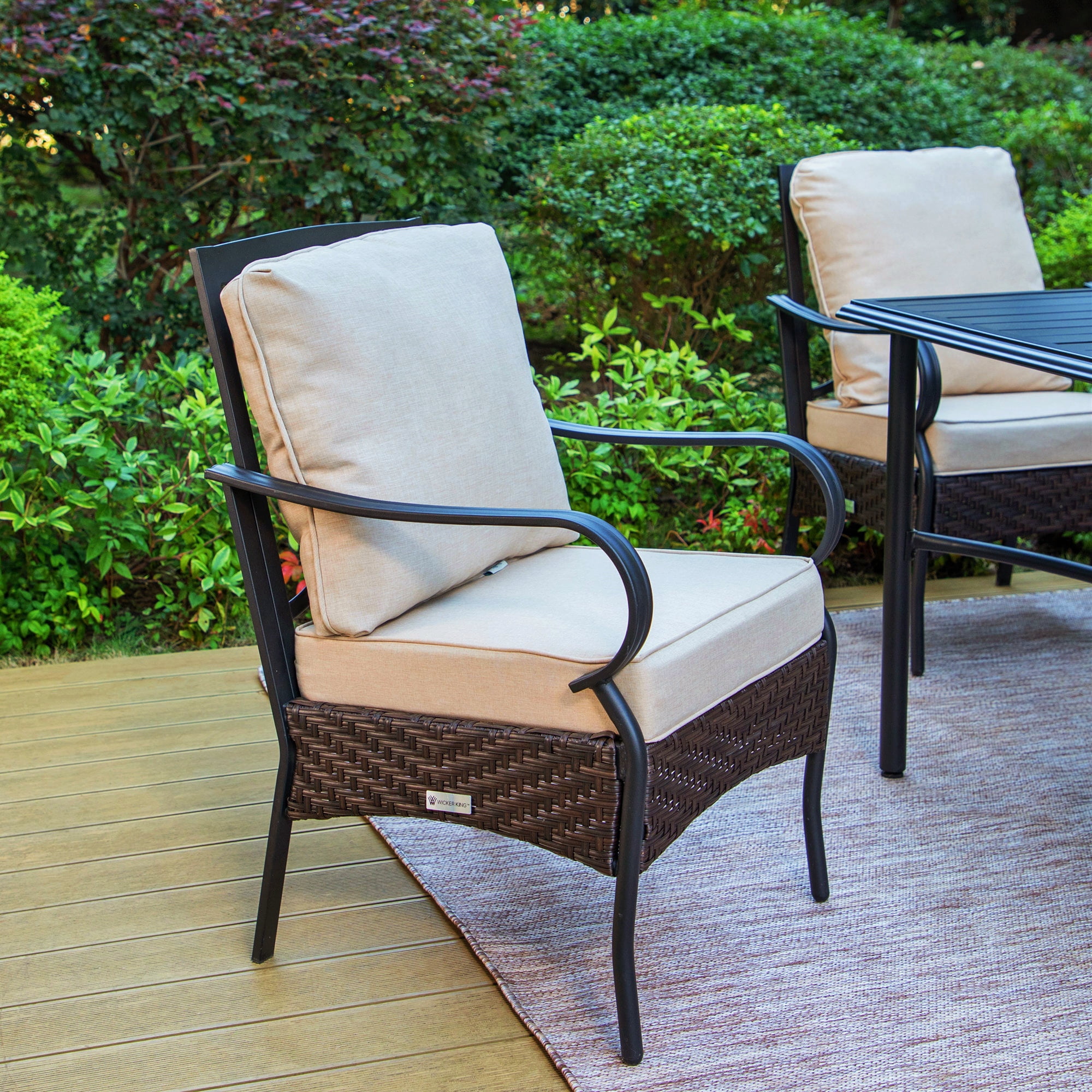 SUMMIT LIVING 7-Piece Outdoor Wicker Dining Set with Full Set Cushions for 6-Person, Black & Beige