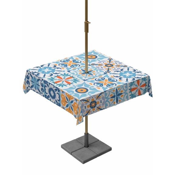 Outdoor Tablecloths with Umbrella Hole & Zipper, Blue Mediterranean 60x60 Inch Square Tablecloths, Vintage Moroccan Tiles Texture Waterproof Table Cloth, Patio/Pool/Picnic Table Covers