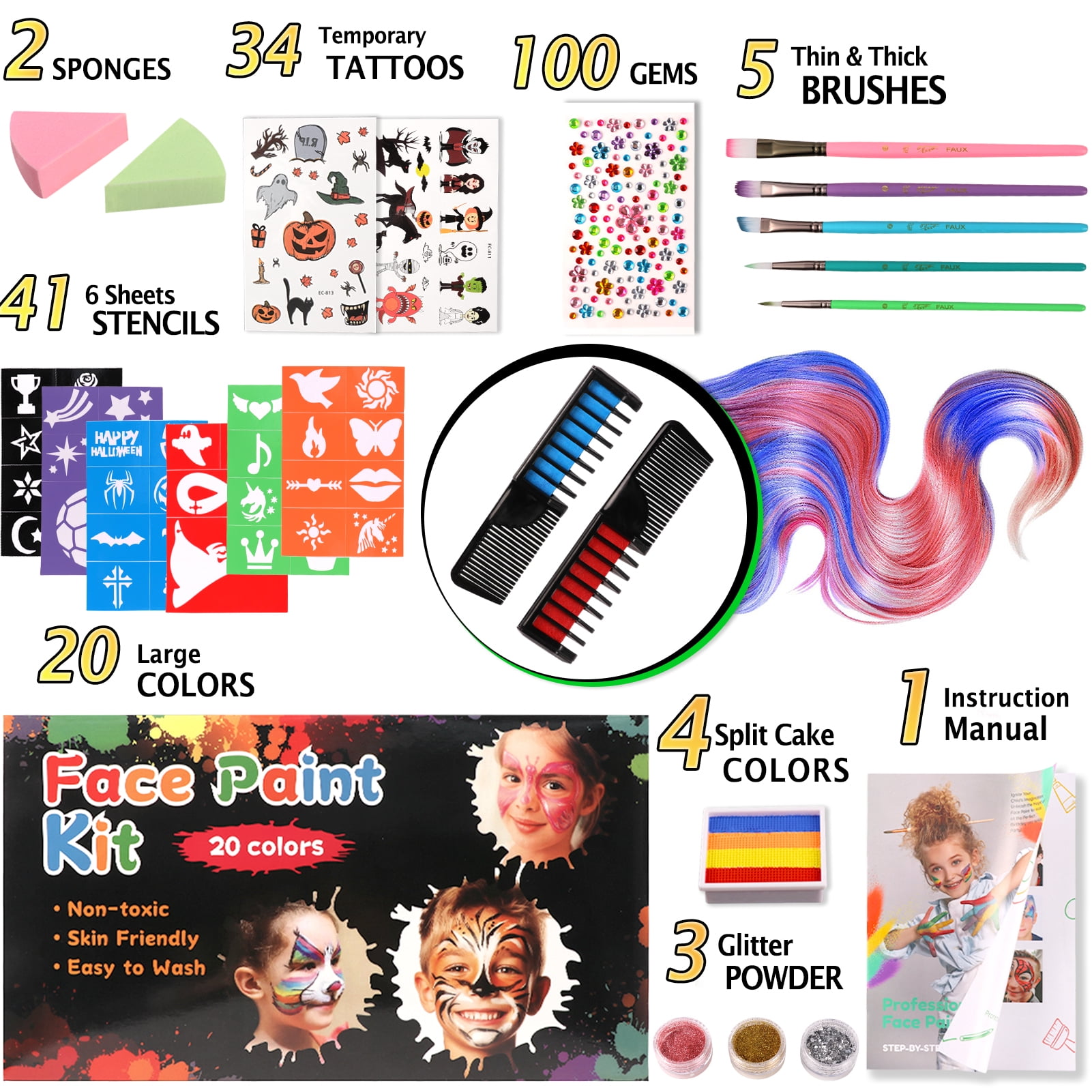 KiddiTouch Face Painting Kits for Kids, 20 Colors Water Based Face Paint Kit Includes Hair Chalks Comb, Brushes, Stencils