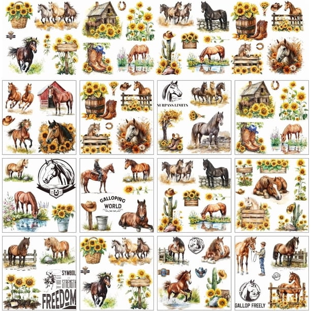 12 hojas de pegatinas transferibles con temática de granja, con caballo, girasoles y sombrero de vaquero.