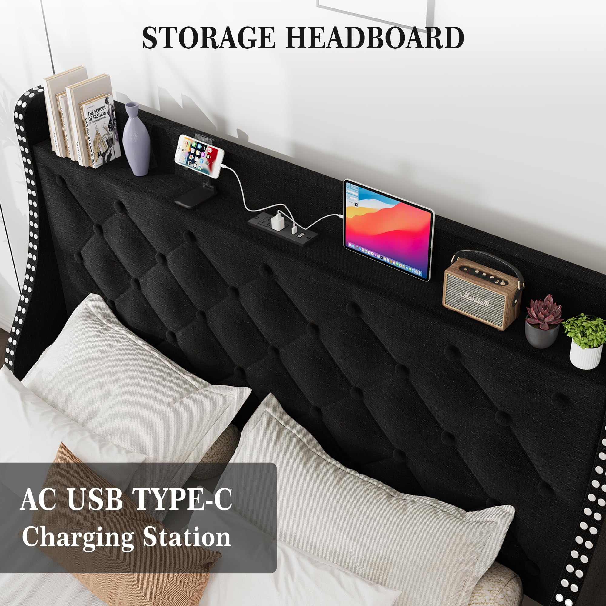Huisuilinss Full Size Bed Frame With Charging Station,Upholstered Queen Bed Frame With 4 Storage Drawers And Wingback Storage Headboard,Diamond Stitched Button Tufted Design,No Box Spring Needed