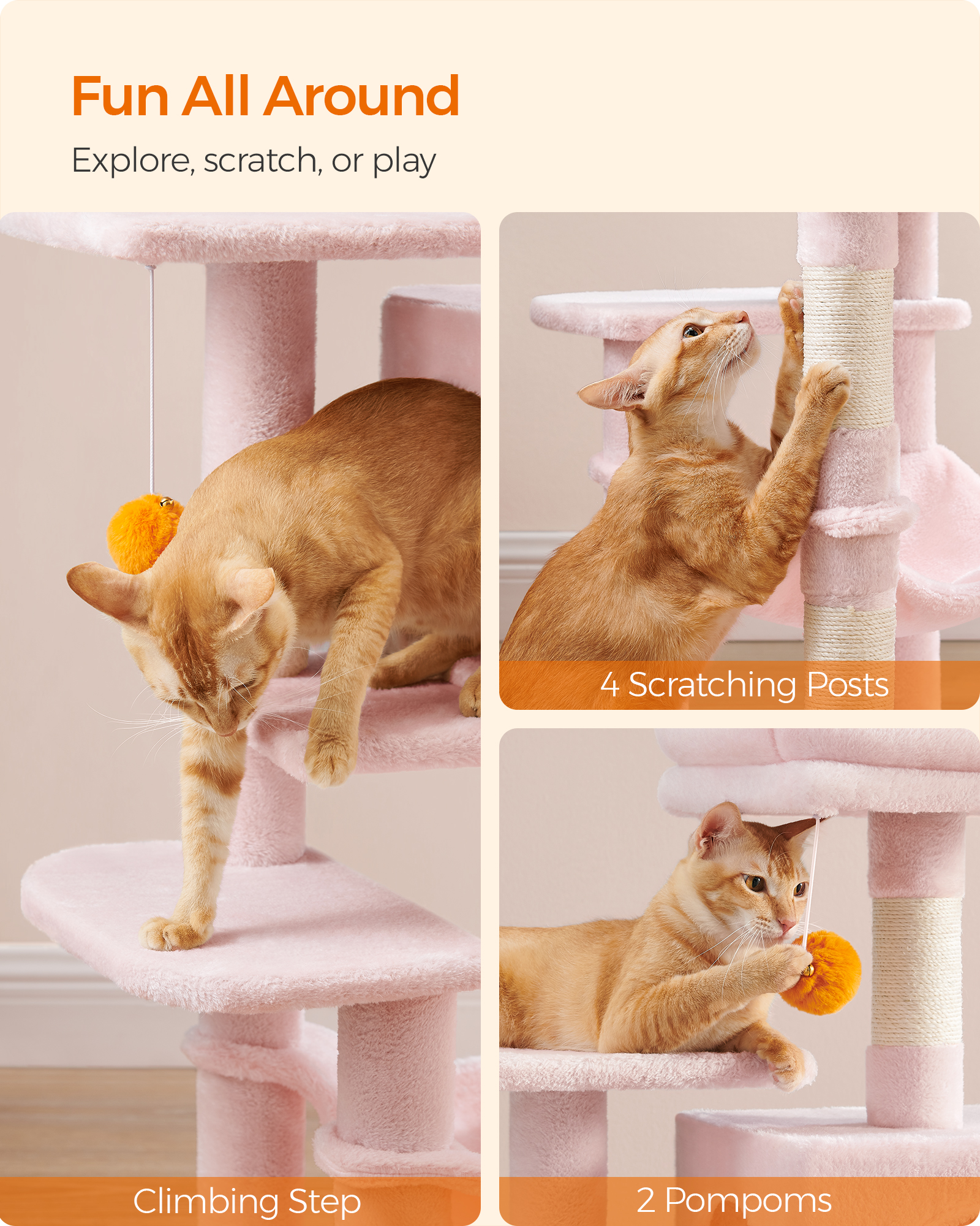 Feandrea 44.1' Cat Tree Tower for Indoor Cats ,Multi-Level Cat Condo Cat Furniture with Scratching Posts, Perches, Hammock, Cave ,Jelly Pink