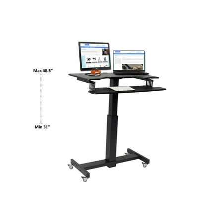 Rocelco 40” Height Adjustable Mobile Standing Desk | Sit Stand Home Office School Computer Workstation Riser | Dual Monitor Keyboard Tray Gas Spring Assist | Black (R