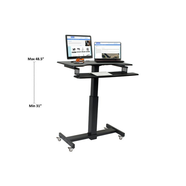 Rocelco 40in Height Adjustable Mobile, Computer Desk For Two Monitors With Keyboard Tray