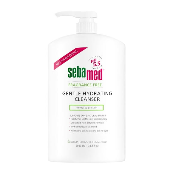 Sebamed Limpiador hidratante suave para rostro y cuerpo, sin fragancia, pH 5,5, fórmula ultra suave recomendada por dermatólogos para pieles sensibles normales a secas, 33,8 onzas líquidas (1 litro)