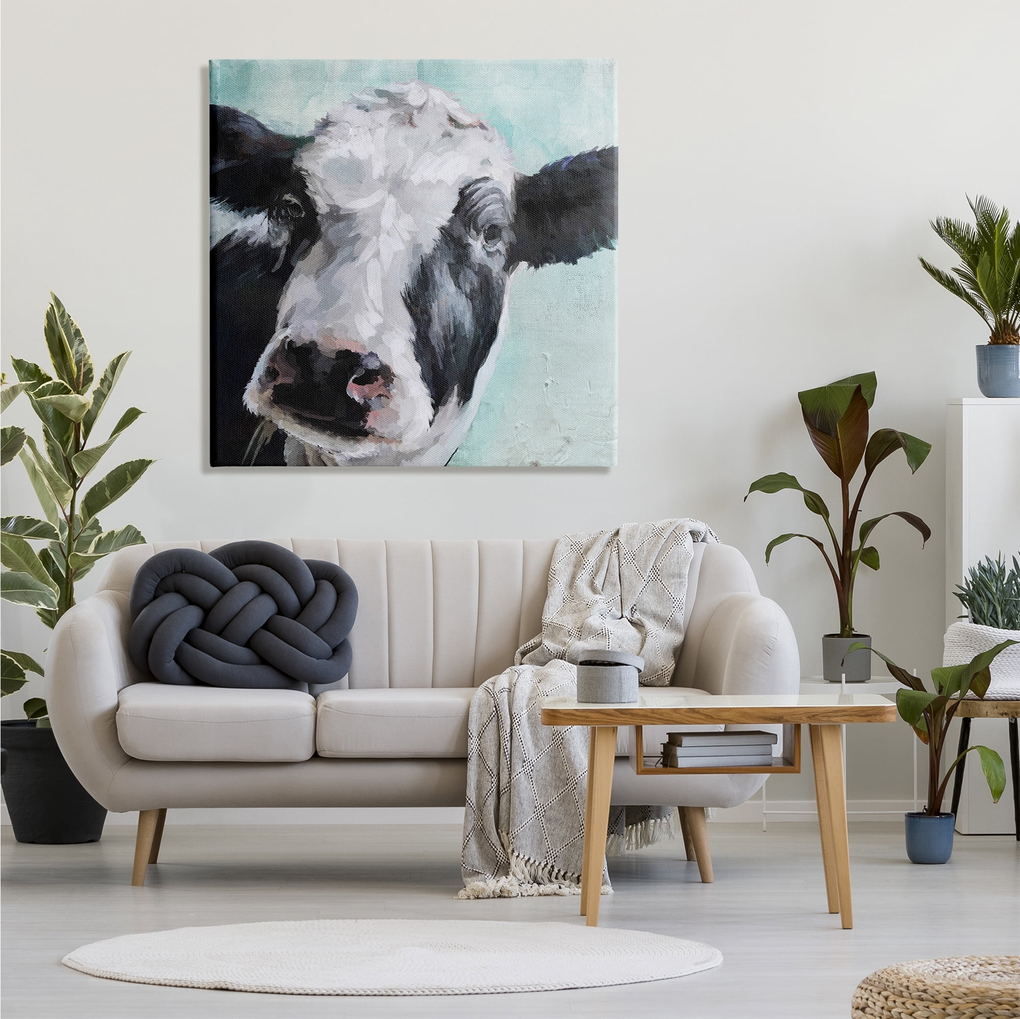 Stupell Industries Gentle Farm Cow Painting on Blue Animals & Insects Painting Gallery Wrapped Canvas Art Print Wall Art, 36 x 36