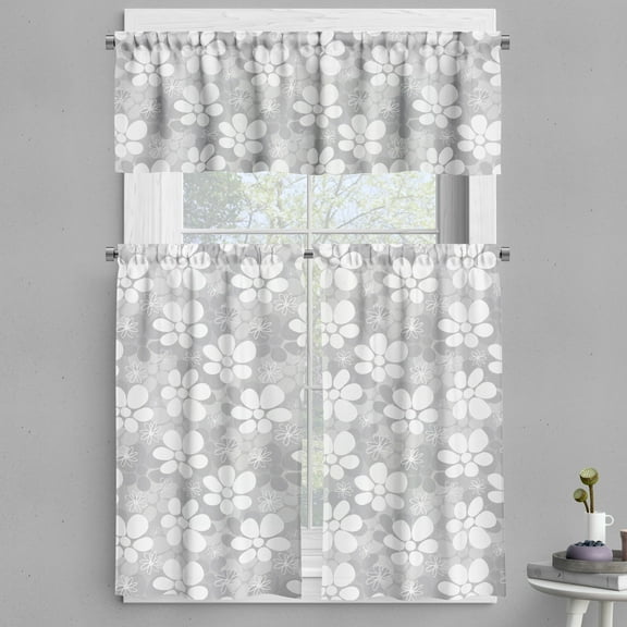 Ambesonne Floral Valance & Curtain, Romantic Overlapping Flowers, 55"x36", White Grey and Pale Grey