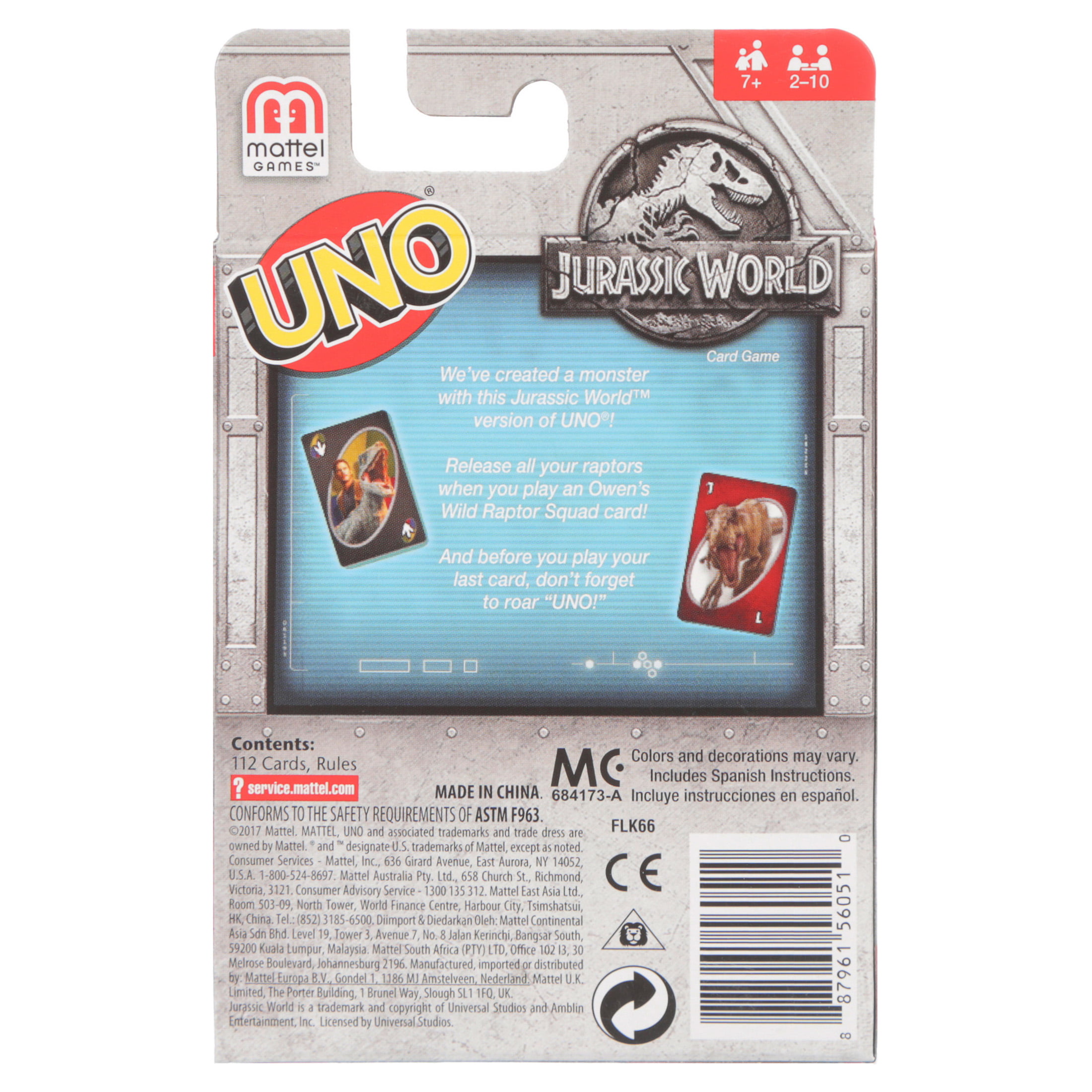 Mattel Jurassic World UNO Card Game 2 to 10 Players Draw 4 for sale online