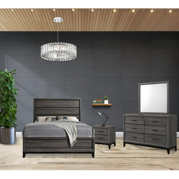 Kings Brand Furniture – Ambroise 4-Piece King Size Bedroom Set, Grey/Black. Bed, Dresser, Mirror & 1 Nightstand