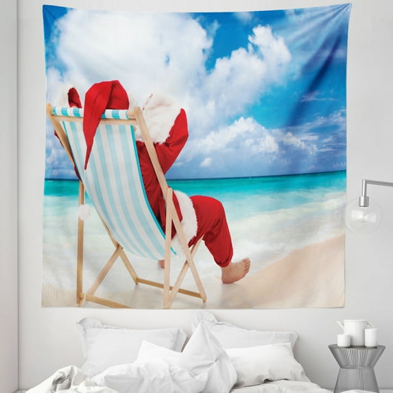 Santa Tapestry, Santa on a Chair near the Sea Exotic Beach Relaxing Summer Vacation Resting, Fabric Wall Hanging Decor for Bedroom Living Room Dorm, 5 Sizes, Blue Sand Brown Red, by Ambesonne