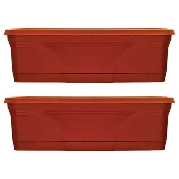 ZRuEzyX 36 Inch Rectangular Plastic Medallion Hanging Windowsill and Garden Box Planters with Drainage Holes, Terracotta (2 Pack)