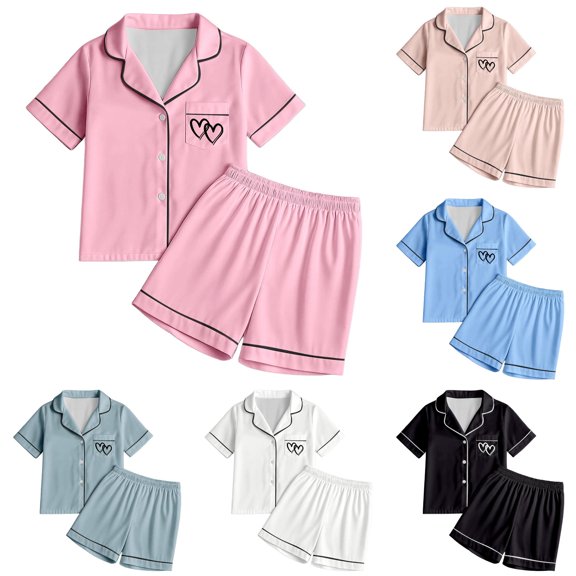 MEZZALL Girls Sleepwear Set 2pcs Tween Girl Heart Print Short Sleeve Lapel Button Down Tops & Shorts Pajamas Sets Soft Comfortable Loungewear For Kids Birthday Nightwear