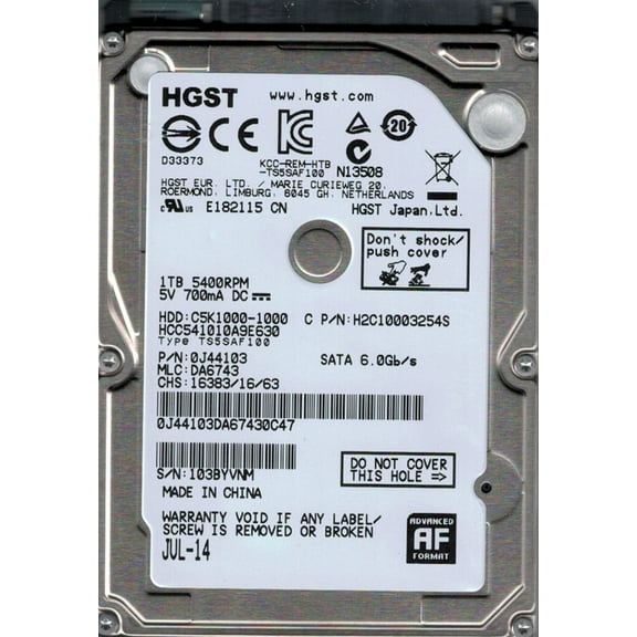 HCC541010A9E630 P/N: 0J44103 MLC: DA6743 China HGST 1TB