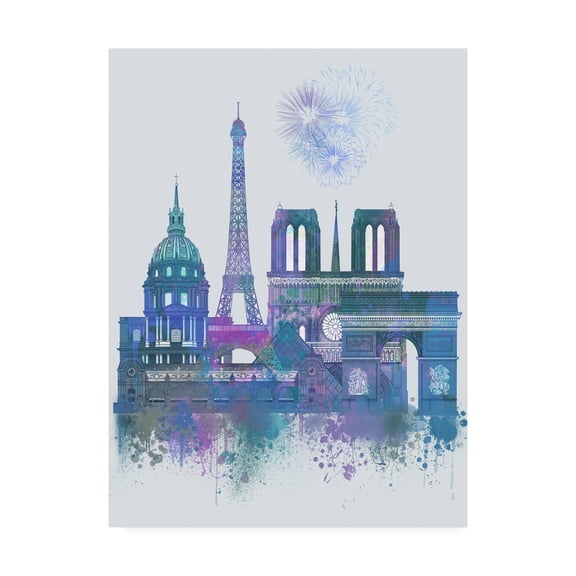 Trademark Fine Art 'Paris Skyline Watercolor Splash Blue' Canvas Art by Fab Funky