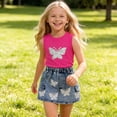 thumbnail image 5 of Girls 2Pcs Skirts Sets Outfits Summer Short Sleeve Crewneck Tops and Denim Vintage Skirts Versatile Cute Bow Print Tops School Outfits Casual Children Clothes Age 2-8 Years Hot Pink 7-8Years, 5 of 7