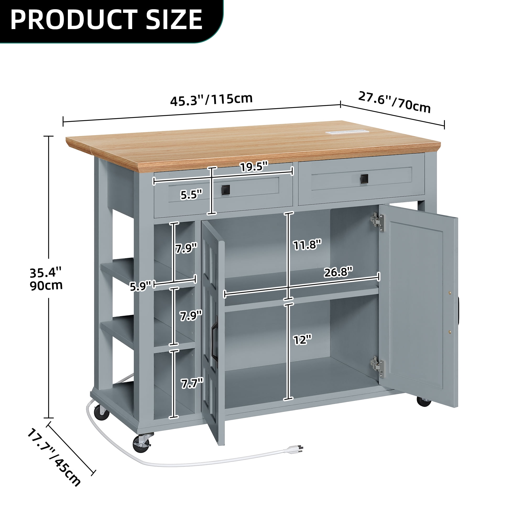 DWVO Kitchen Storage Cart with Power Outlets, Rolling Kitchen Island with Storage Shelves and Drawers, Blue Gray