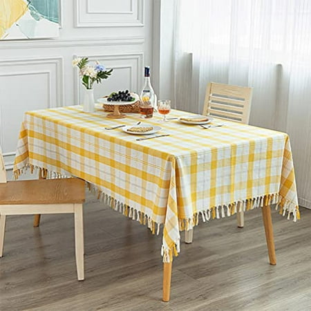 

Fennco Styles Cotton Blend Woven Plaid Tassels Tablecloth 56 W x 40 L - Yellow & White Table Cover for Banquets Holidays Special Events Home Décor and Everyday Use