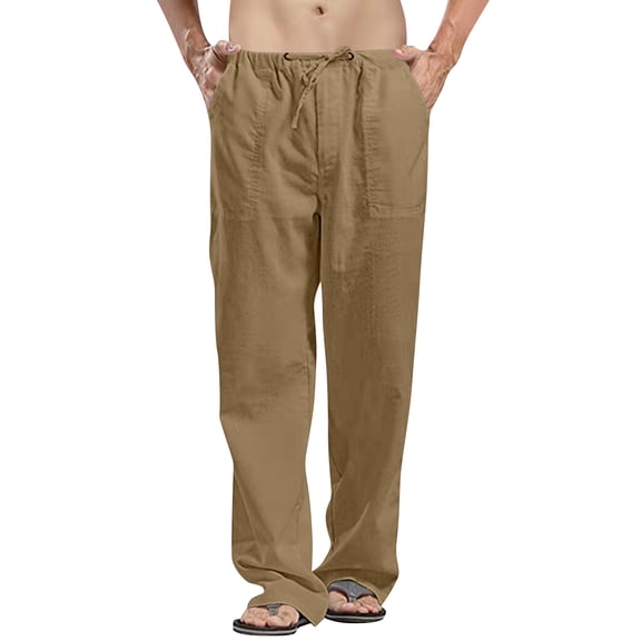 Zimjoy Big and Tall Men's Cotton Linen Pants Loose Drawstring Straight Leg Trousers Full Length Summer Beach Pants with Large Pockets,Brown L